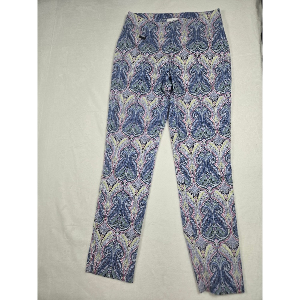 Peck & Peck Blue Paisley Pull On Slim Leg Pants Womens 8 Stretch Career Tropical